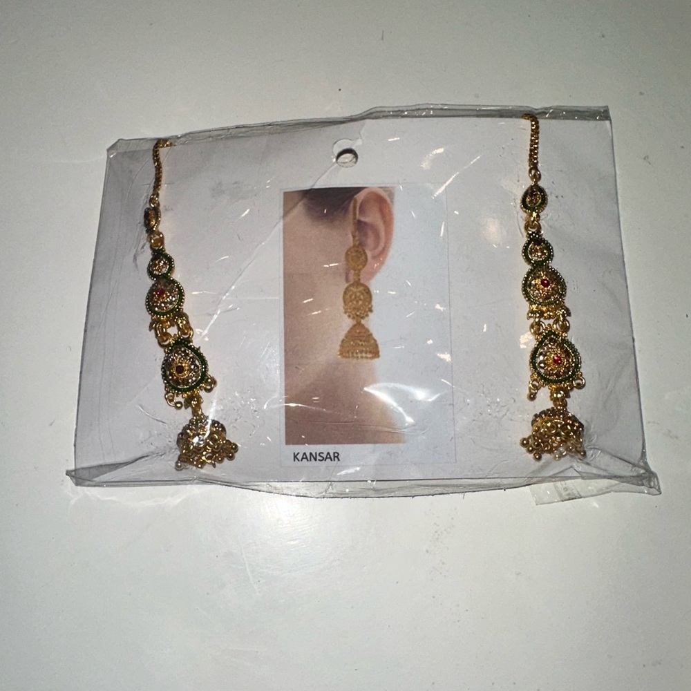 Kansar Gold-Tone Traditional Jhumka Earrings - Green & Red Accents